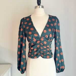 Green & Copper Dot Print Deep V-neck Smocked Waist Blouse, Small